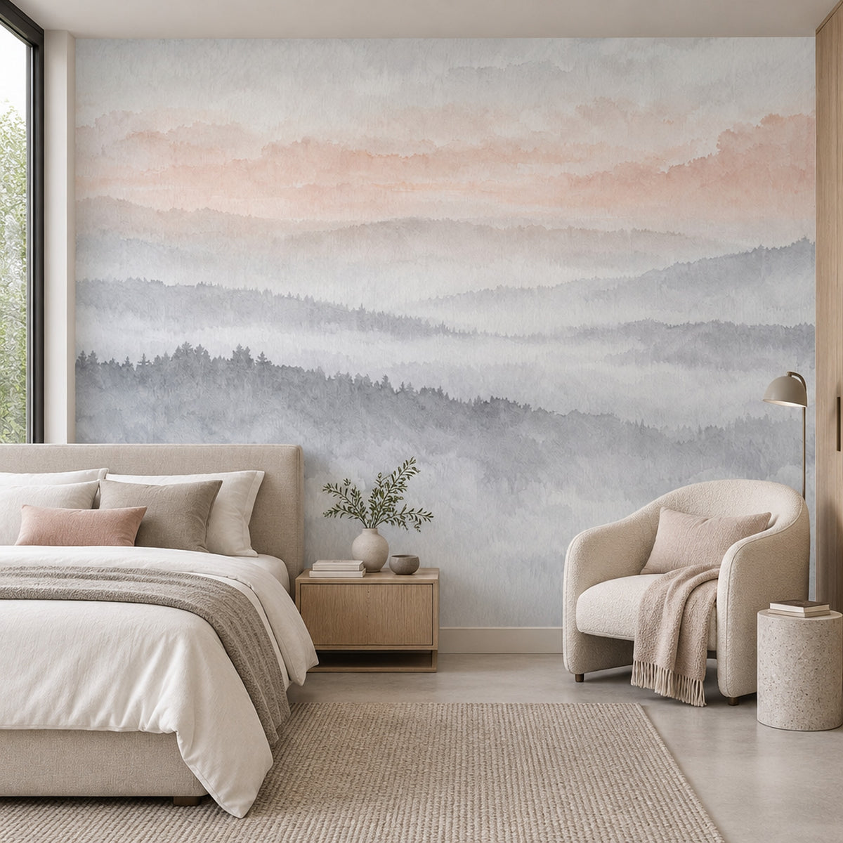Misty Mountain Layers Wallpaper Mural Soft Gray Watercolor