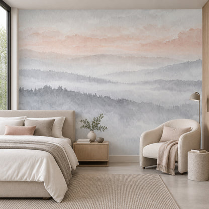 Misty Mountain Layers Wallpaper Mural Soft Gray Watercolor