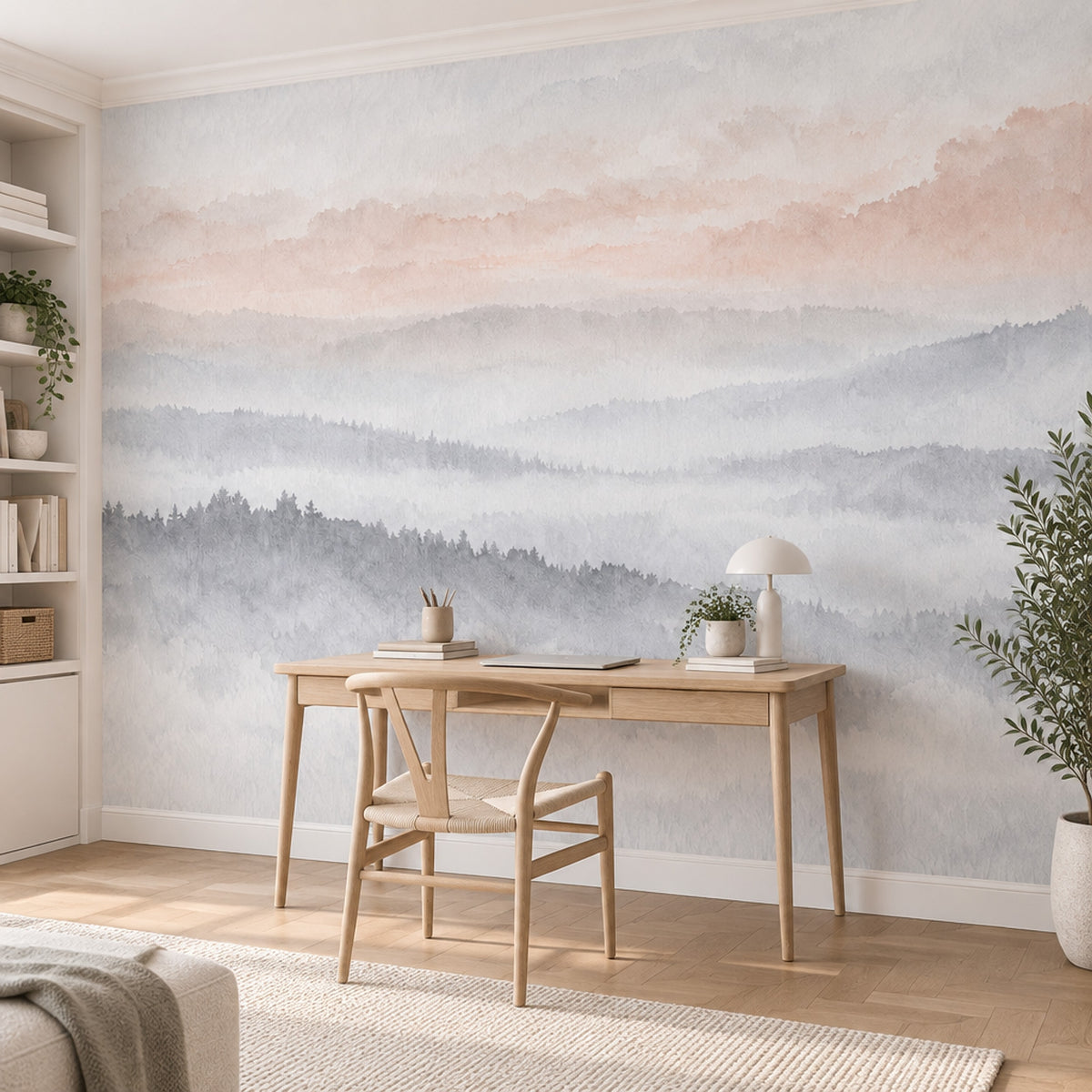 Misty Mountain Layers Wallpaper Mural Soft Gray Watercolor