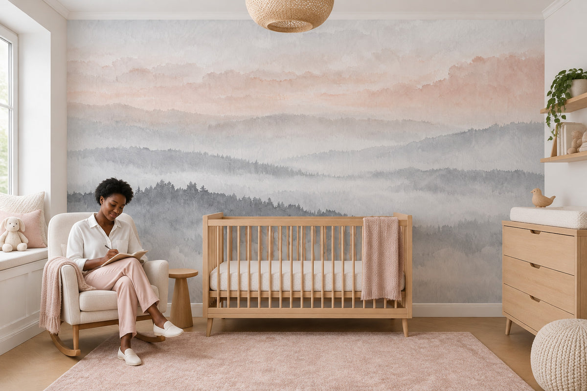 Misty Mountain Layers Wallpaper Mural Soft Gray Watercolor