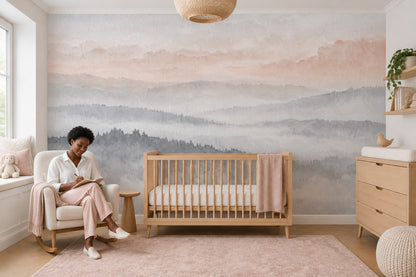 Misty Mountain Layers Wallpaper Mural Soft Gray Watercolor