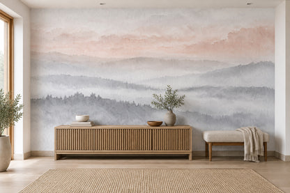 Misty Mountain Layers Wallpaper Mural Soft Gray Watercolor