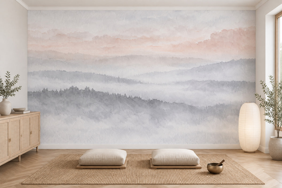 Misty Mountain Layers Wallpaper Mural Soft Gray Watercolor