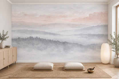 Misty Mountain Layers Wallpaper Mural Soft Gray Watercolor