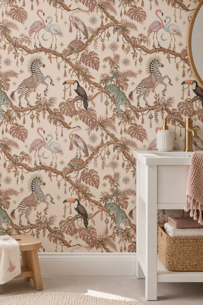 Flamingos And Jungle Animals Wallpaper Light Beige Whimsical Tropical