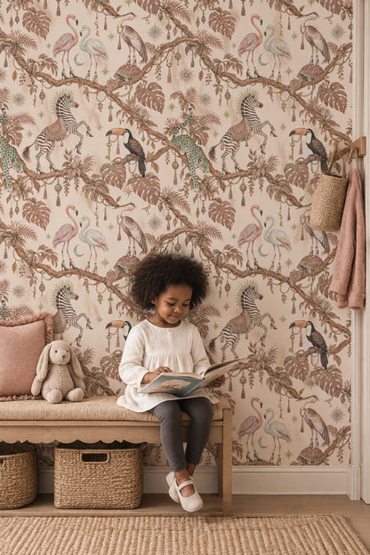 Flamingos And Jungle Animals Wallpaper Light Beige Whimsical Tropical