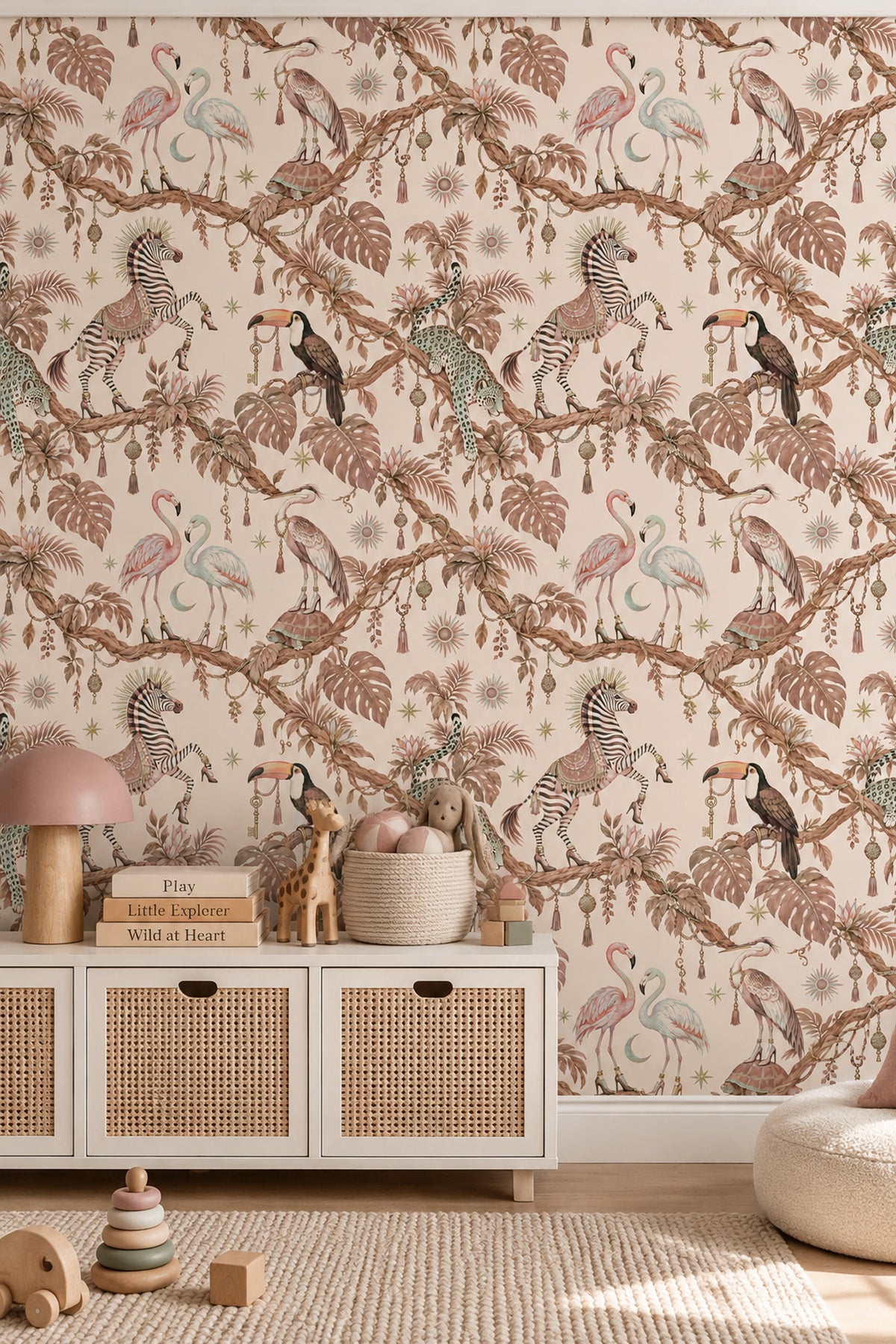 Flamingos And Jungle Animals Wallpaper Light Beige Whimsical Tropical