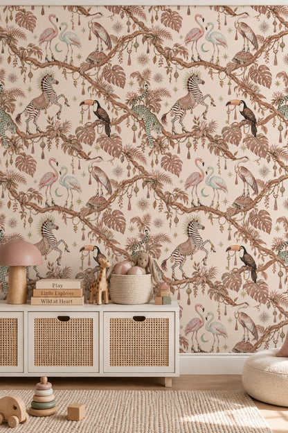 Flamingos And Jungle Animals Wallpaper Light Beige Whimsical Tropical