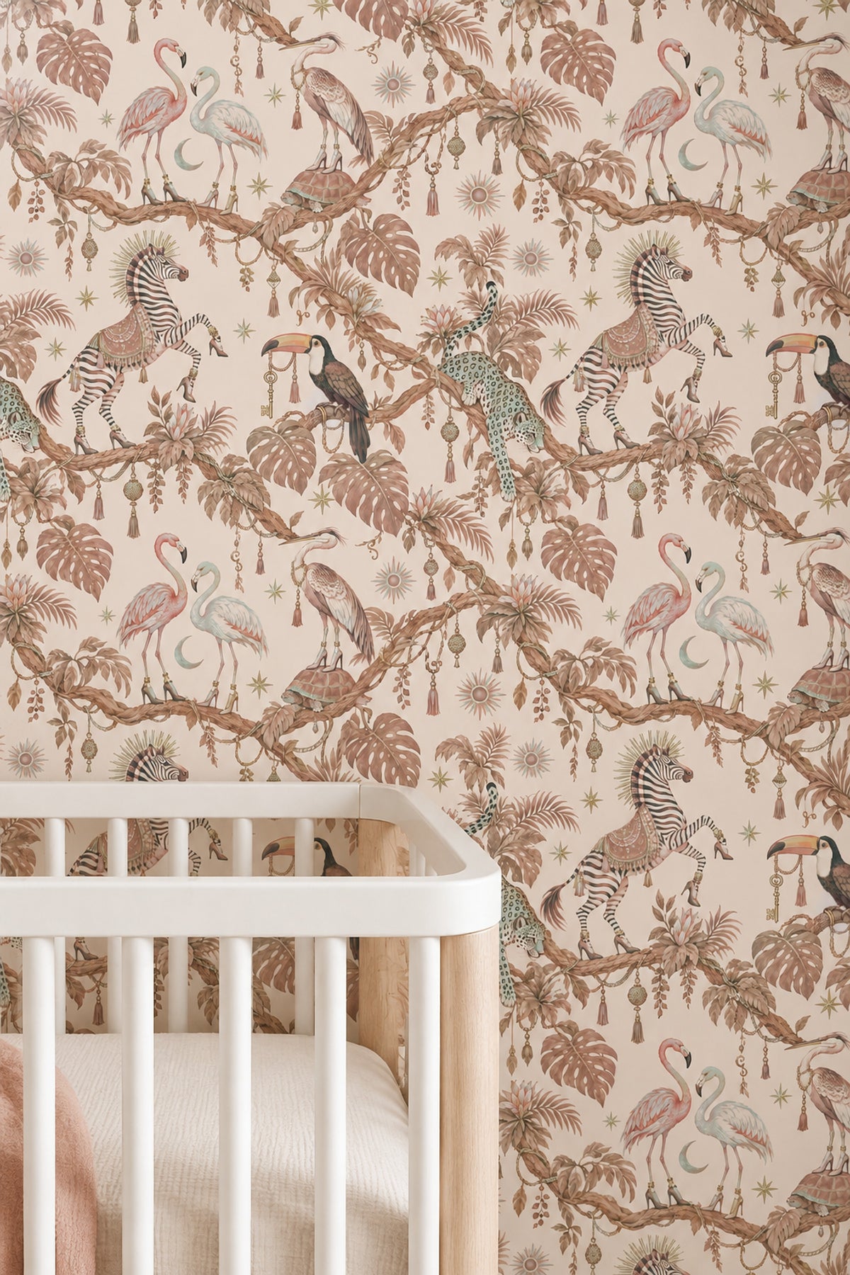 Flamingos And Jungle Animals Wallpaper Light Beige Whimsical Tropical