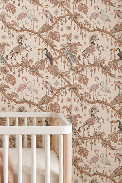 Flamingos And Jungle Animals Wallpaper Light Beige Whimsical Tropical