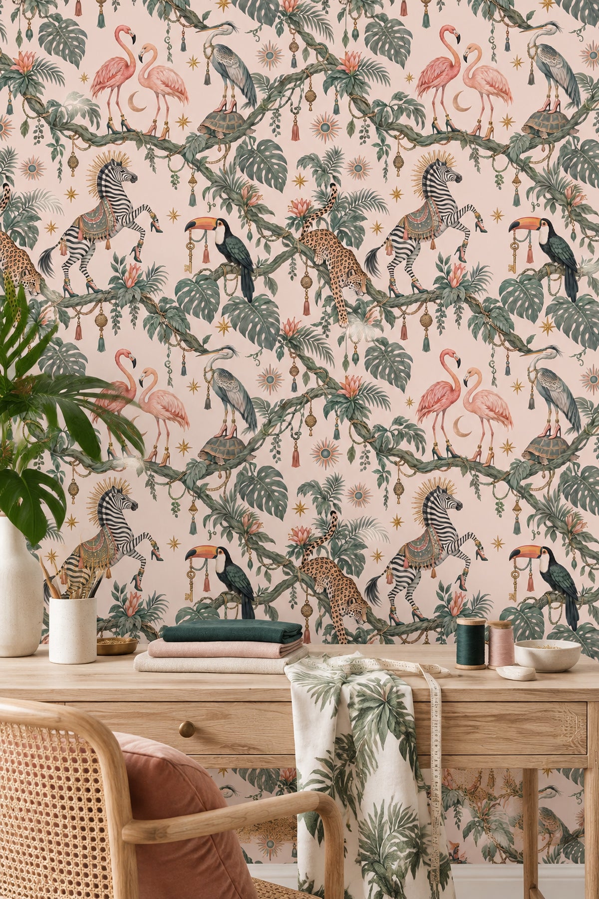 Whimsical Tropical Animals Wallpaper Pastel Pink, Maximalist Stars And Tassels