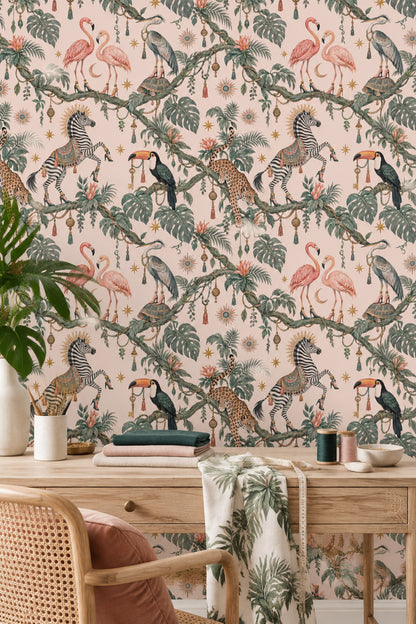 Whimsical Tropical Animals Wallpaper Pastel Pink, Maximalist Stars And Tassels