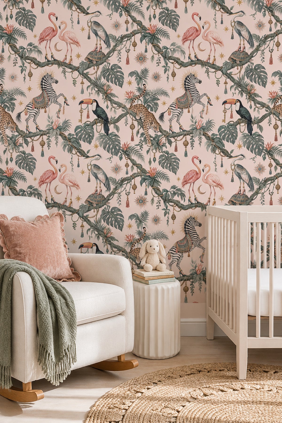 Whimsical Tropical Animals Wallpaper Pastel Pink, Maximalist Stars And Tassels