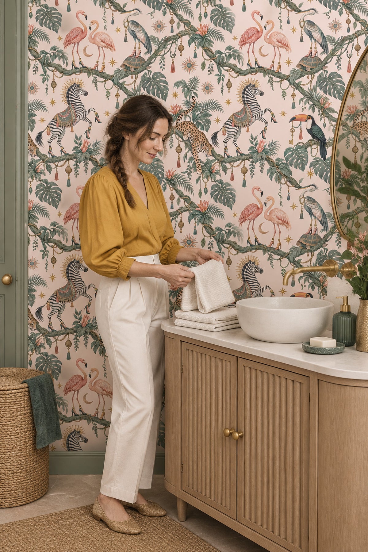 Whimsical Tropical Animals Wallpaper Pastel Pink, Maximalist Stars And Tassels