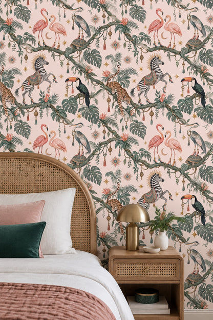 Whimsical Tropical Animals Wallpaper Pastel Pink, Maximalist Stars And Tassels