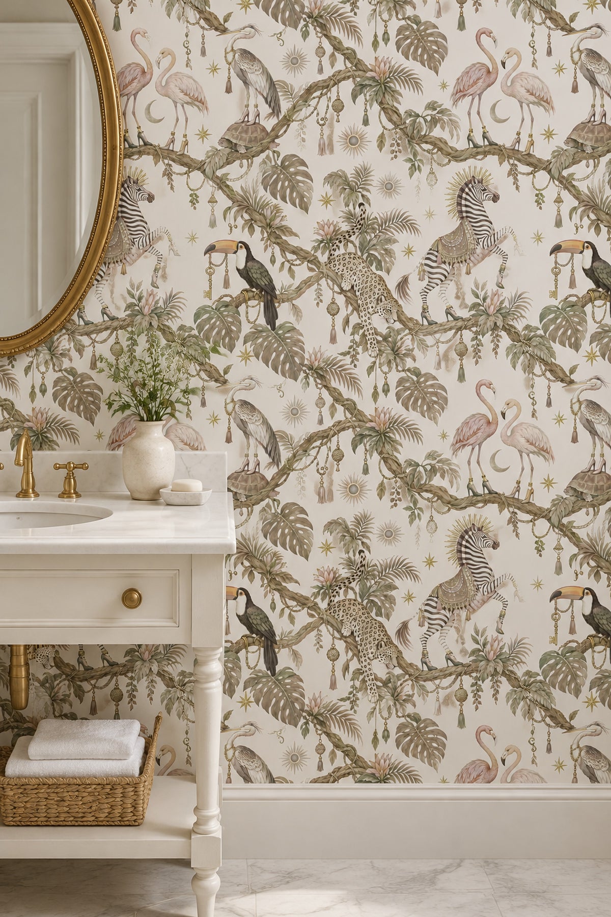 Whimsical Jungle Animals Wallpaper Light Beige Botanical
