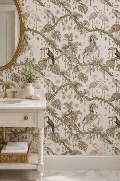 Whimsical Jungle Animals Wallpaper Light Beige Botanical
