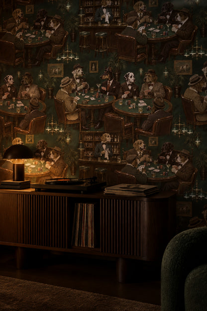 Gentlemen Dogs Poker Room Wallpaper Dark Green Vintage Inspired Bar