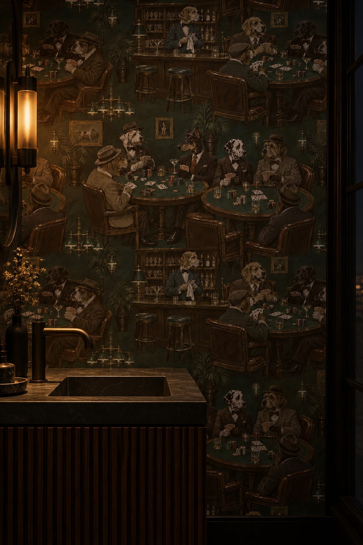 Gentlemen Dogs Poker Room Wallpaper Dark Green Vintage Inspired Bar