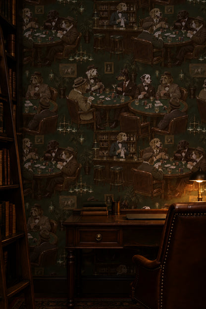 Gentlemen Dogs Poker Room Wallpaper Dark Green Vintage Inspired Bar