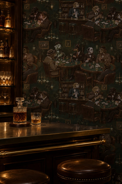 Gentlemen Dogs Poker Room Wallpaper Dark Green Vintage Inspired Bar