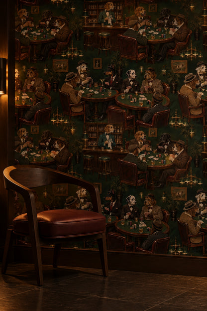 Gentlemen Dogs Playing Poker Wallpaper Dark Green Vintage Inspired Club