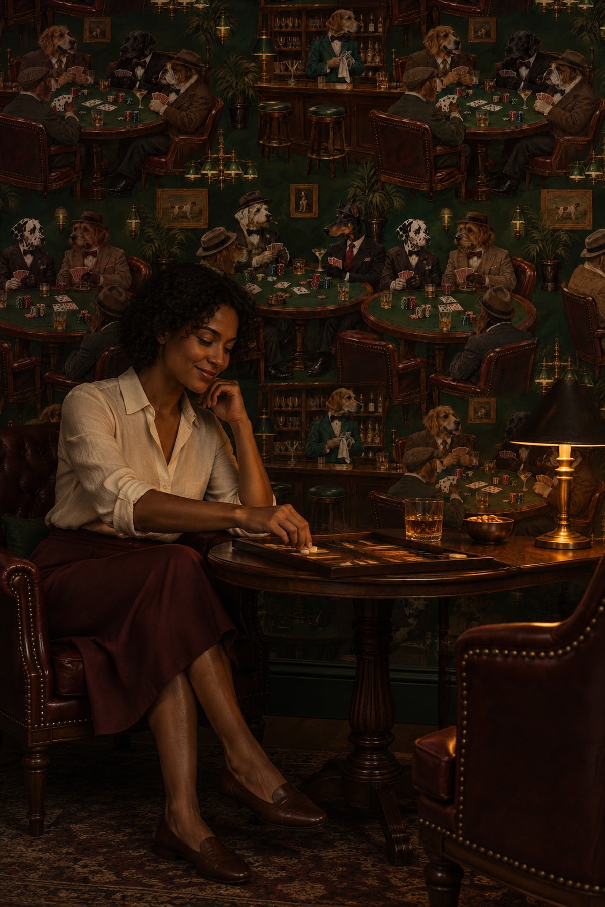 Gentlemen Dogs Playing Poker Wallpaper Dark Green Vintage Inspired Club