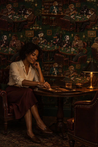Gentlemen Dogs Playing Poker Wallpaper Dark Green Vintage Inspired Club