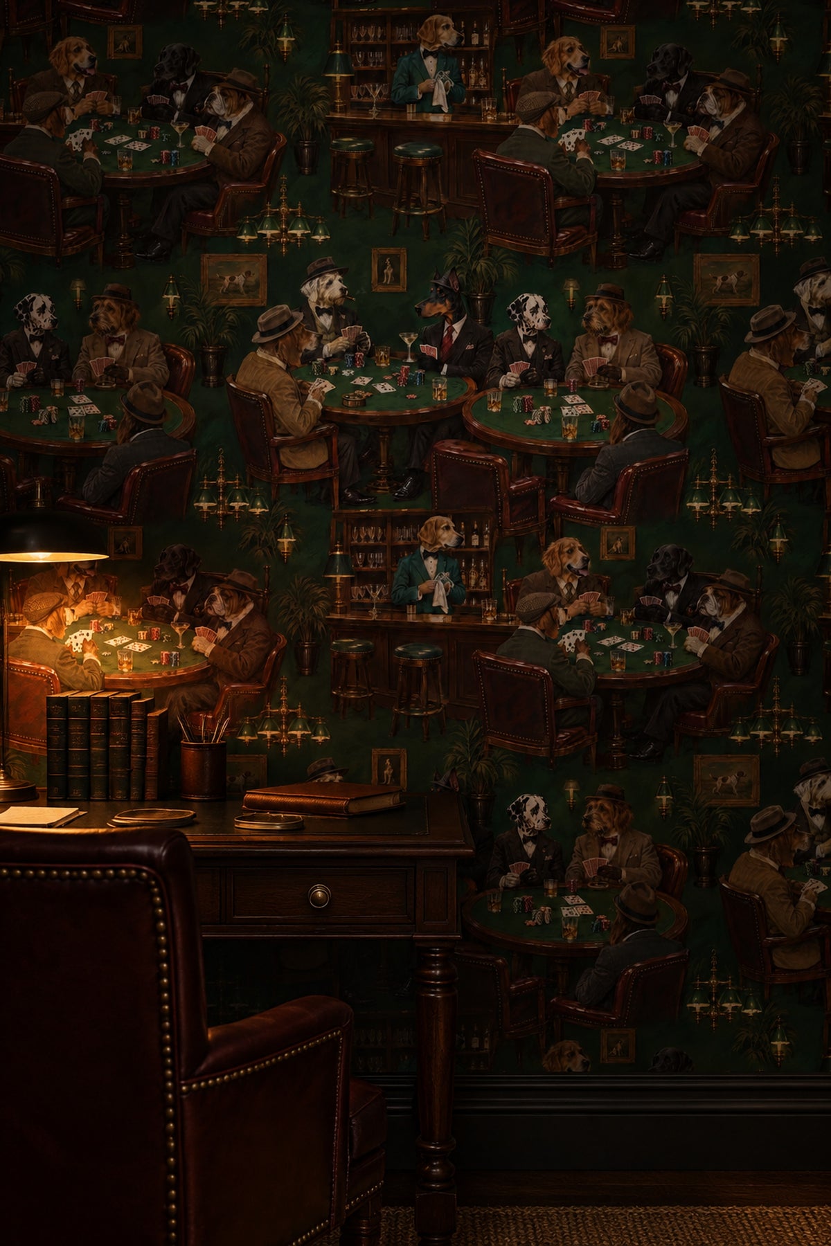 Gentlemen Dogs Playing Poker Wallpaper Dark Green Vintage Inspired Club