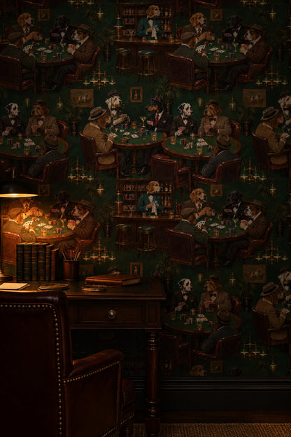 Gentlemen Dogs Playing Poker Wallpaper Dark Green Vintage Inspired Club