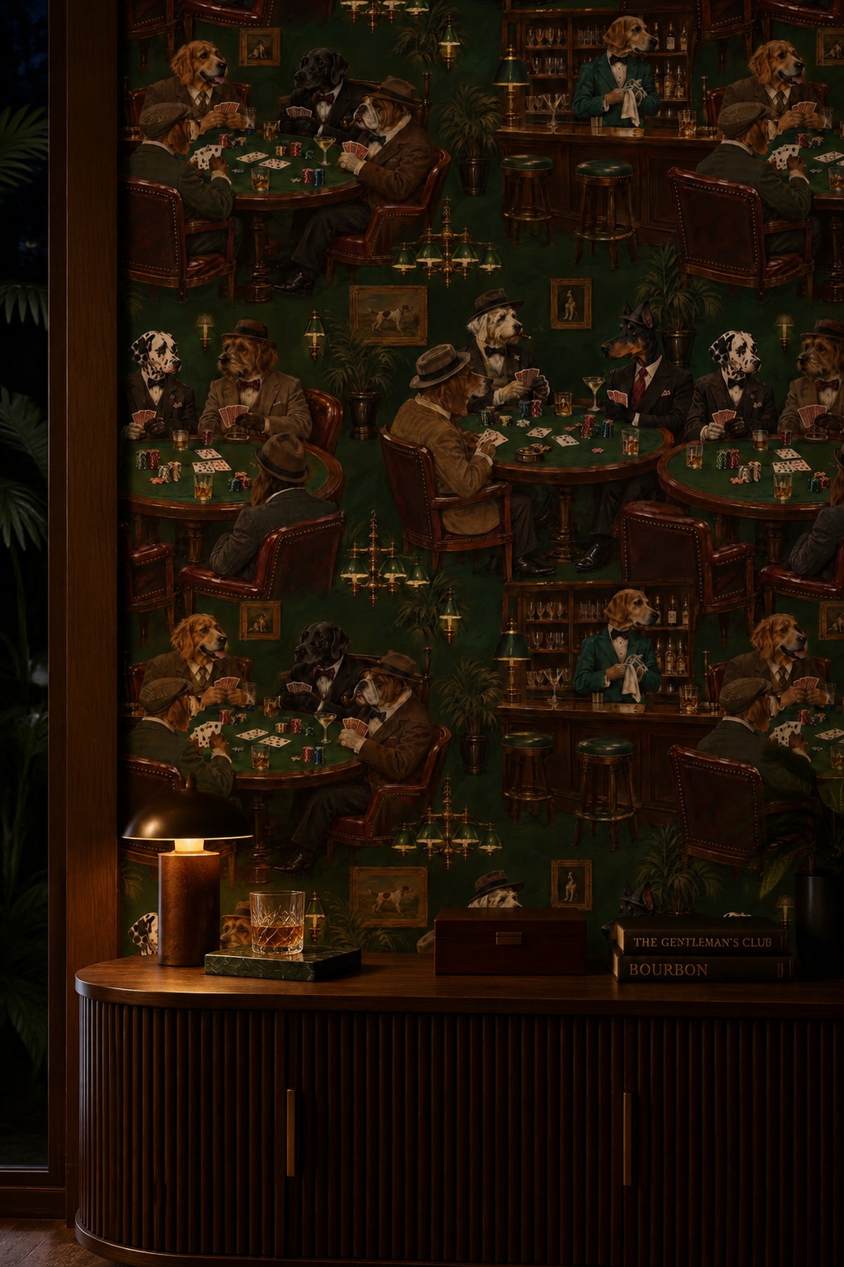 Gentlemen Dogs Playing Poker Wallpaper Dark Green Vintage Inspired Club