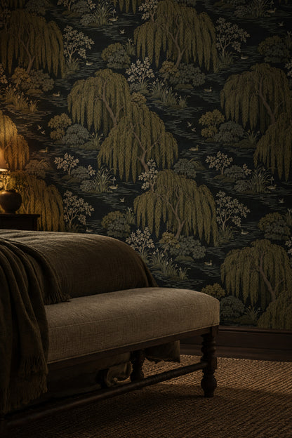 Willow Trees Wallpaper Dark Chinoiserie Pond With Ducks