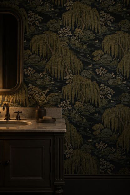 Willow Trees Wallpaper Dark Chinoiserie Pond With Ducks