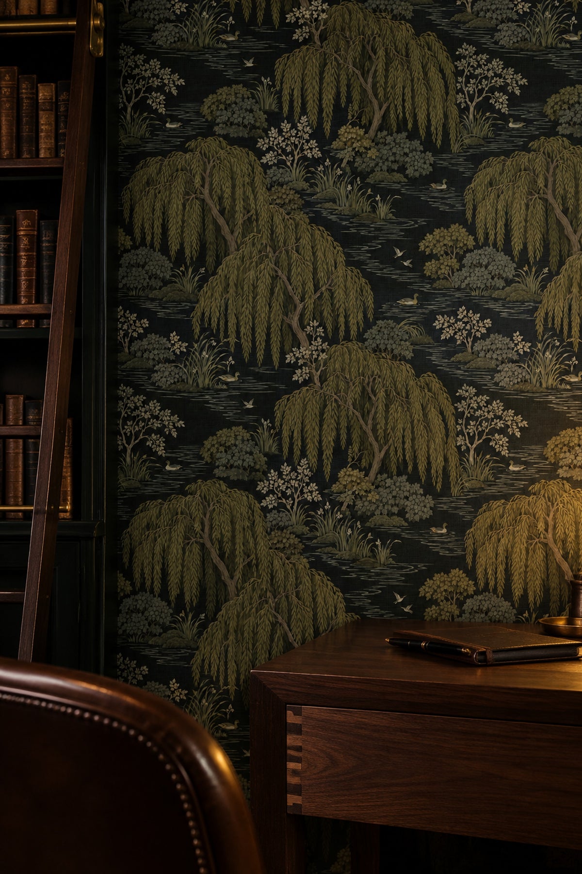 Willow Trees Wallpaper Dark Chinoiserie Pond With Ducks
