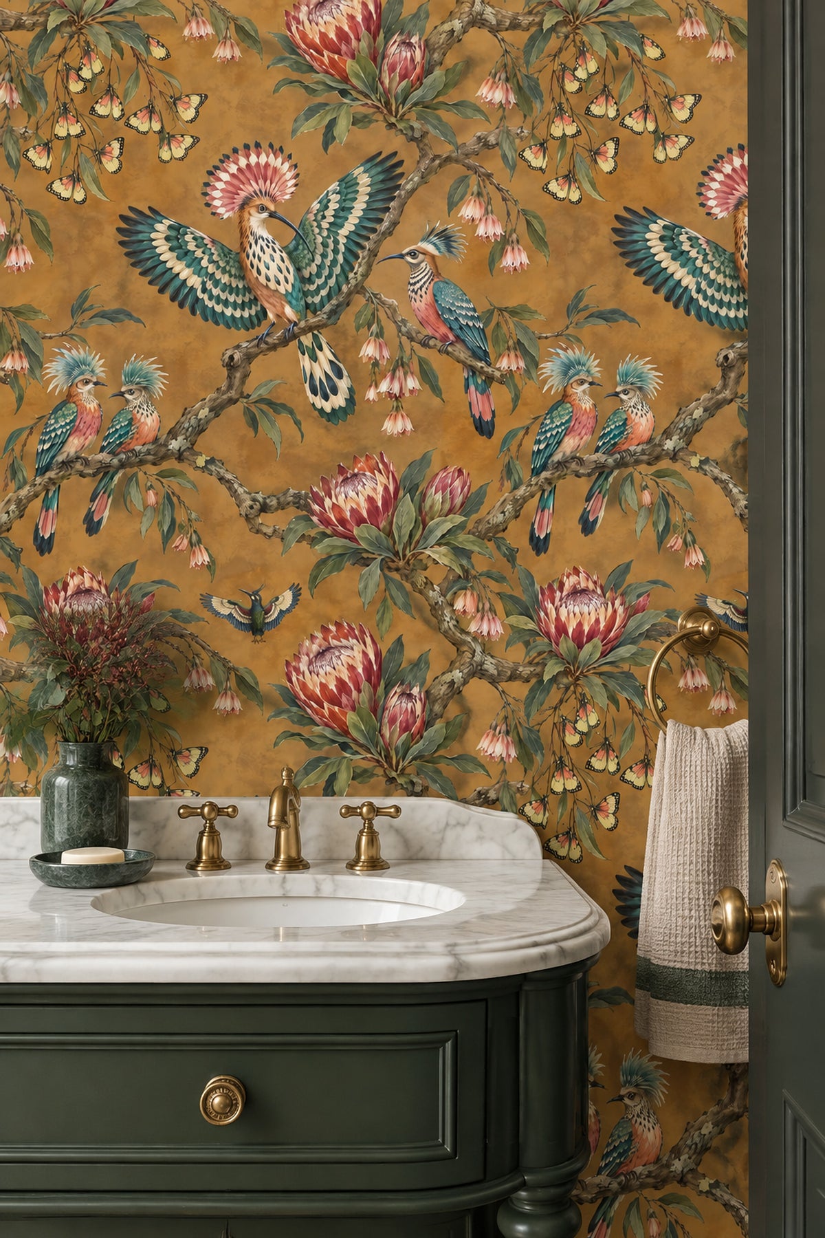 Tropical Birds Wallpaper Muted Green Leaves On Warm Brown