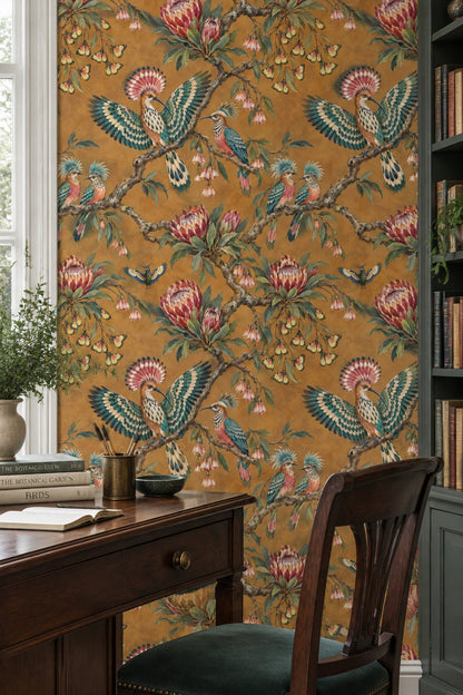 Tropical Birds Wallpaper Muted Green Leaves On Warm Brown