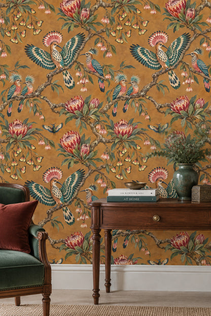 Tropical Birds Wallpaper Muted Green Leaves On Warm Brown