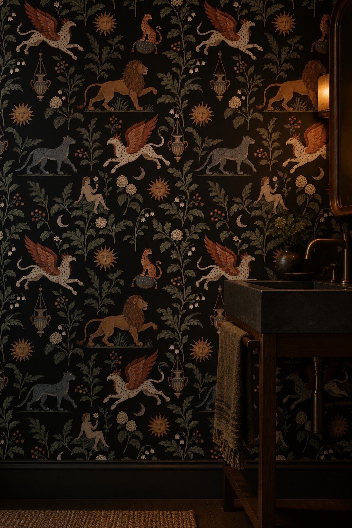 Griffin And Lion Wallpaper Vintage Inspired Botanical On Black Background