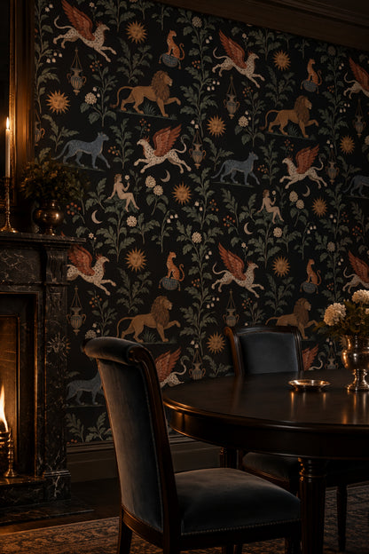 Griffin And Lion Wallpaper Vintage Inspired Botanical On Black Background