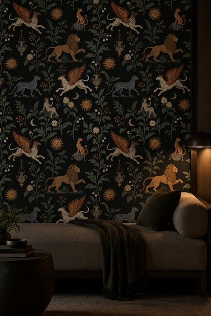 Griffin And Lion Wallpaper Vintage Inspired Botanical On Black Background