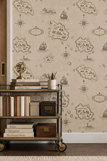 Fantasy Antique Map Wallpaper Parchment Sepia Compass Roses