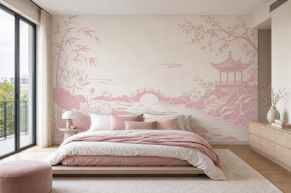 Sakura Garden With Pagoda Wallpaper Mural Cream Pink Chinoiserie