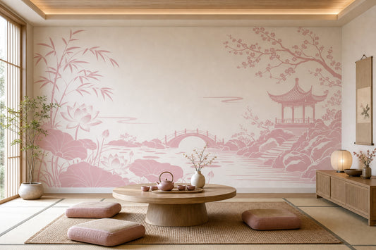 Sakura Garden With Pagoda Wallpaper Mural Cream Pink Chinoiserie