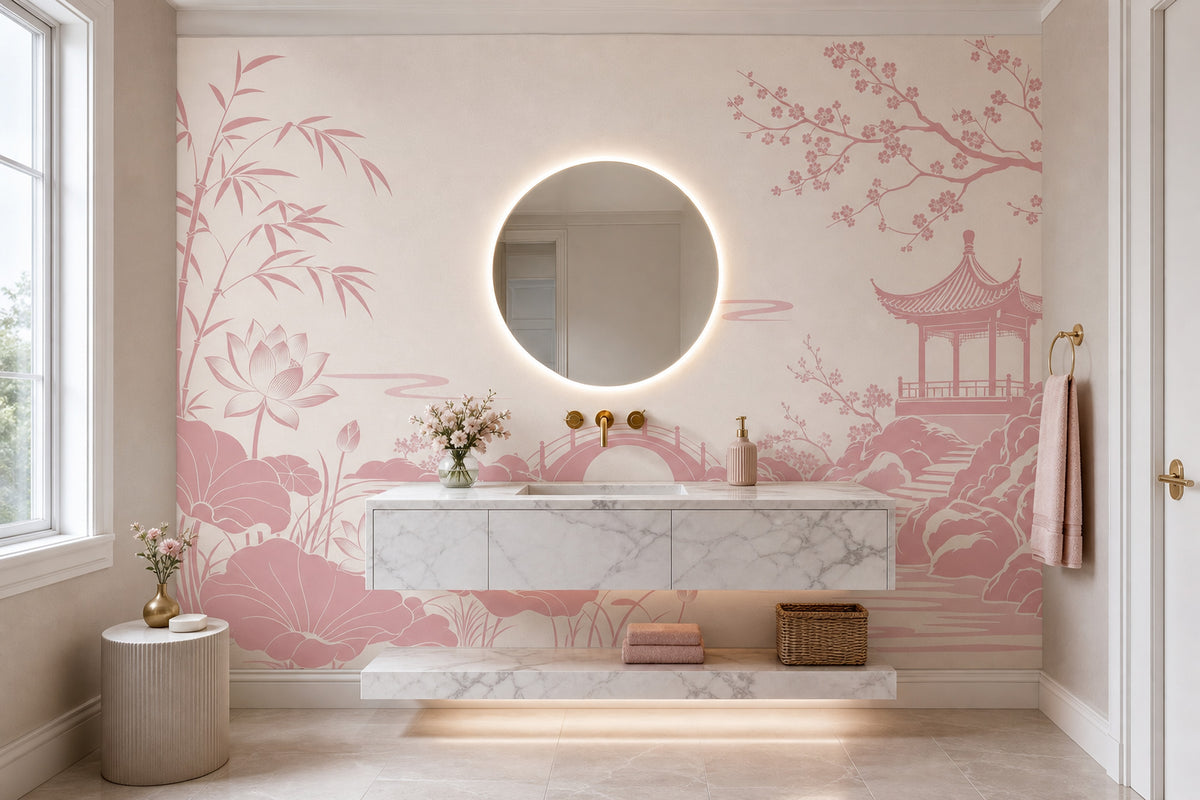 Sakura Garden With Pagoda Wallpaper Mural Cream Pink Chinoiserie