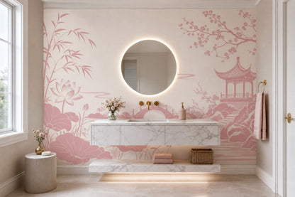 Sakura Garden With Pagoda Wallpaper Mural Cream Pink Chinoiserie