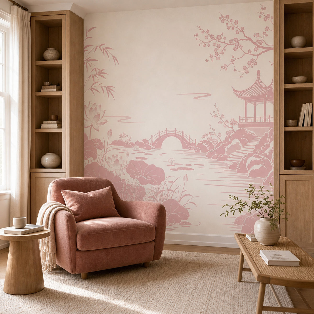 Sakura Garden With Pagoda Wallpaper Mural Cream Pink Chinoiserie