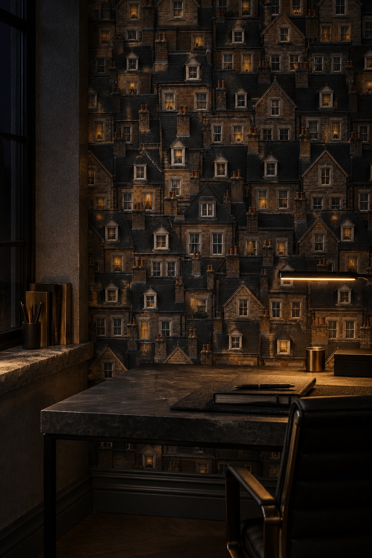 European Rooftops Wallpaper Dark Cityscape In Stone Gray