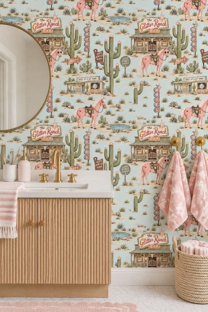 Pink Horses And Cactus Wallpaper Retro Ranch Scenes In Turquoise