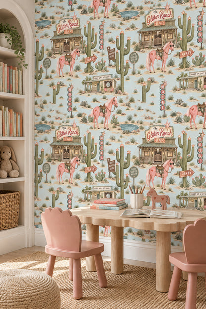 Pink Horses And Cactus Wallpaper Retro Ranch Scenes In Turquoise