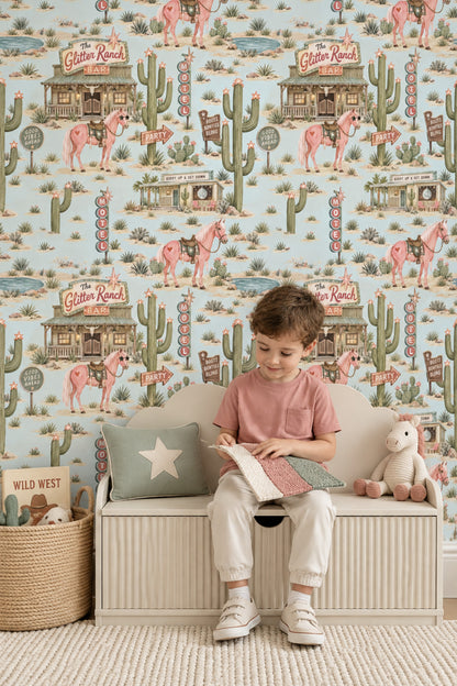 Pink Horses And Cactus Wallpaper Retro Ranch Scenes In Turquoise